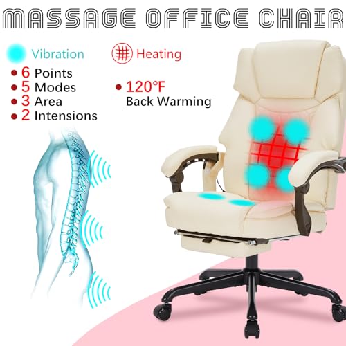 Massage Office Chair with Foot Rest 6 Points Vibration and Heat Home Office Desk Chairs for Heavy People 400lbs Reclining Managerial Chairs Ergonomic Executive Chair (Cream) HESL