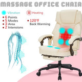 Massage Office Chair with Foot Rest 6 Points Vibration and Heat Home Office Desk Chairs for Heavy People 400lbs Reclining Managerial Chairs Ergonomic Executive Chair (Cream) HESL