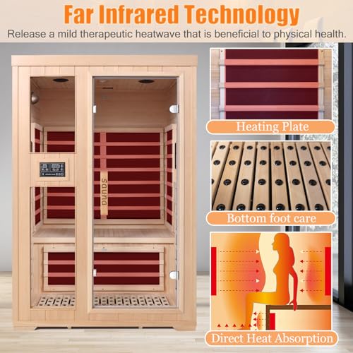 2-Person Infrared Sauna, Indoor Home Sauna Room Hemlock Wood Sauna Low EMF Far Infrared Heating with Tempered Glass Door Bluetooth Speakers, Chromotherapy Lights for Family（110V, 1850W）Truck delivery DWKWE