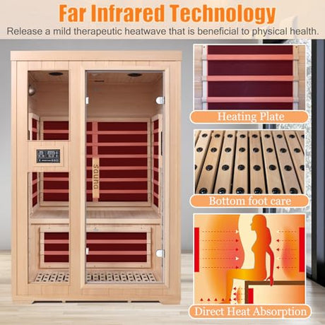 2-Person Infrared Sauna, Indoor Home Sauna Room Hemlock Wood Sauna Low EMF Far Infrared Heating with Tempered Glass Door Bluetooth Speakers, Chromotherapy Lights for Family（110V, 1850W）Truck delivery DWKWE