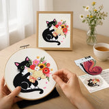 Nuberlic Black Cat Flowers Embroidery Kits for Beginners, DIY Cross Stitch Starter Craft Kits for Adults Including Cloth with Pattern, Hoop, Needles Instruction and Threads