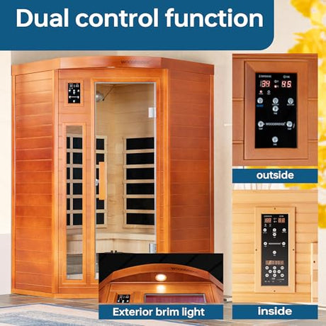 WOODBRIDGE Infrared Sauna Room 2 Person Japanese Cedar Indoor Corner Sauna with 7 Carbon Heaters, Red Light Therapy,Bluetooth Speaker,Intelligent Dual Control System,Tempered Glass,Exterior Brim Light WOODBRIDGE