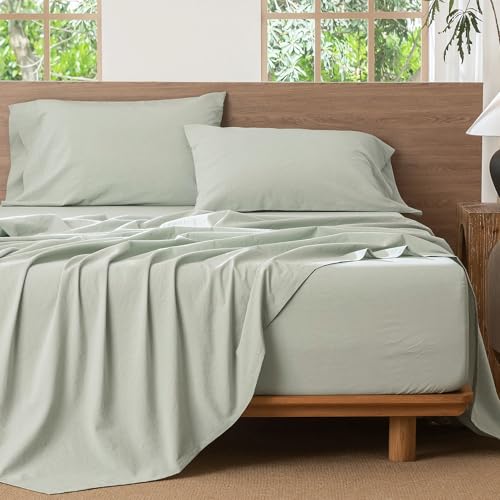MooMee Bedding Sheet Set 100% Washed Cotton Linen Like Textured Breathable Durable Soft Comfy (Heathered Sage Green, King) MooMee