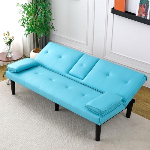 67"Modern Futon Sofa Bed,Convertible 3 in 1 Sleeper Bed Couches with Adjustable Backrest,Cup Holders,Comfy PU Leather Recliner Sofa Loveseat with Chrome Legs for Small Home Living Room (Blue) Majnesvon
