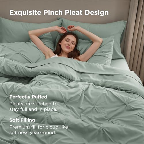Bedsure Queen Comforter Set Sage Green - Bed in a Bag Queen Size Bedding 7 Pieces, GentleSoft™ Pintuck Bed Set Gift for Family, Pinch Pleat All Season Comforter with Sheets, Pillowcases & Shams Bedsure
