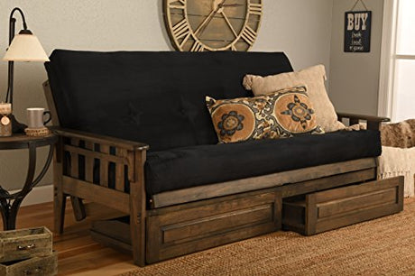 Kodiak Furniture Tucson Full Futon Set in Rustic Walnut Finish with Storage Drawers, Suede Black Kodiak Furniture