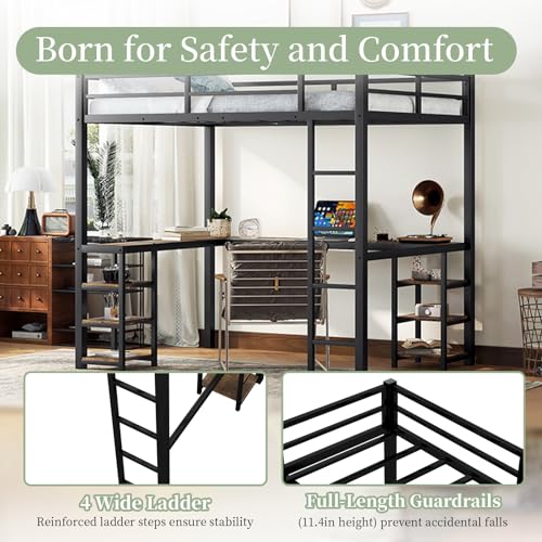 Sailret Full Metal Loft Bed with L-Shaped Desk and Shelves, Full Bed Frame with Ladder and Full-Length Guardrails, Space-Saving Bed for Bedroom, Black with Vintage Wood Desk Sailret