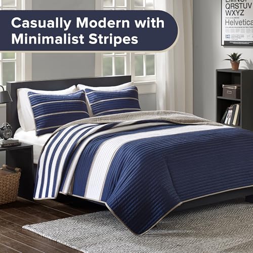 Comfort Spaces Quilt Set Trendy Casual Fun, Vibrant Color Design, Hypoallergenic All Season, Lightweight Coverlet Bedspread Cozy Kids Bedding & Sham Full/Queen Verone White Blue Stripe 3 Piece Comfort Spaces