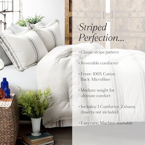 Lush Decor Stripe Reversible Cotton Comforter Set, Cozy Farmhouse Bedding Set, Full/Queen, Gray, 3 Piece Set Lush Decor