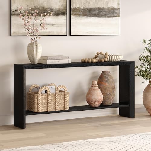 Henn&Hart 64" Wooden Rectangular Console Table Entryway Table, Sofa Table with Wooden Storage Shelf for Entryway, Living Room, Couch, Hallway, or Office, Natural Black Henn&Hart