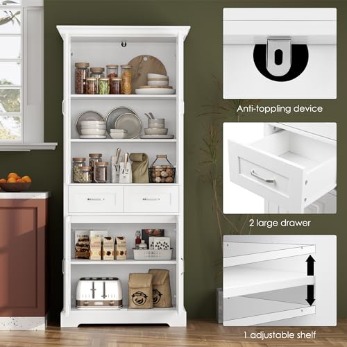 FACBOTALL Kitchen Pantry Storage Cabinet, 71" Tall Storage Cabinet with 4 Doors and 2 Drawers, Utility Kitchen Pantry with Adjustable Shelves for Dining Room Living Room… - WoodArtSupply