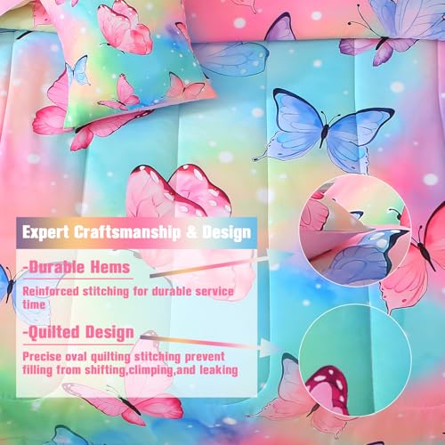 JQinHome 8 Pc Butterfly Comforter Set Queen, 3D Rainbow Butterfly Bedding Set for Girls Women,All Season Microfiber Butterfly Design Bedding Collection with Pillowcase, Flat & Fitted Sheet(Rainbow) JQinHome