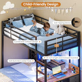 DICTAC Twin Over Full Bunk Bed with Desk,Led Lights and 4 Drawers,Metal Bunk Beds with Storage Headboard and Charging Station,L-Shaped bunk Bed for Kids/Teen with Safety Guardrail and Ladder,Black DICTAC