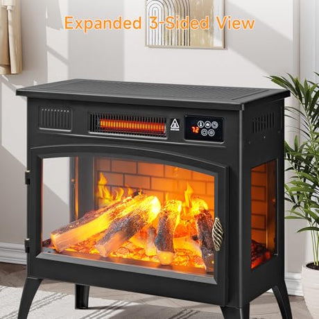 24″ Freestanding Electric Fireplace Stove with 3D Flame Effect and 6 Flame Color, 1000/1500W Infrared Fireplace Stove, 5200 BTU Electric Fireplace Heater with Remote and Timer for Indoor, Black ONBRILL