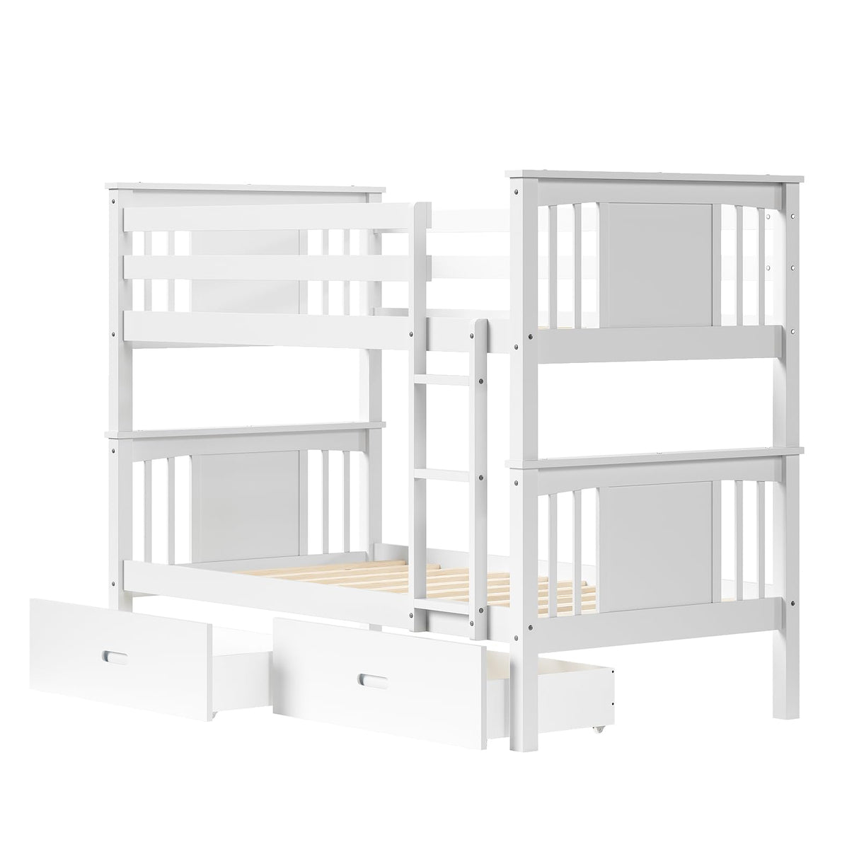 FUQARHY Bunk Bed Twin Over Twin with Storage Drawers, White Convertible Wooden Twin Bunk Beds with Sturdy Stairs and Safety Guardrail, No Box Spring Needed (White) FUQARHY