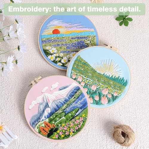RidaaFri Embroidery Kit for Beginner, Set of 3 Floral Mount Sunshine Pattern DIY Kits for Adults & Starter, Hand Embroidery Practice Set with Step-by-Step Video Tutorial, Includes Hoop, Needles, Floss