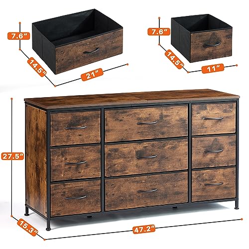 EnHomee Dresser TV Stand with Drawers, Media Console Table for 60 '', TV Console with 9 Drawers for Bedroom, Entertainment Center with Sturdy Metal Frame & Wood Top,Living Room,Closet, Rustic Brown EnHomee