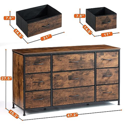 EnHomee Dresser TV Stand with Drawers, Media Console Table for 60 '', TV Console with 9 Drawers for Bedroom, Entertainment Center with Sturdy Metal Frame & Wood Top,Living Room,Closet, Rustic - WoodArtSupply