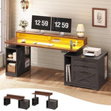 SEDETA Farmhouse Electric Standing Desk, 55" Height Adjustable Computer Desk with 3 Drawers, File Cabinet, Storage Shelves, Power Outlets, Wood Home Office Desk for Work, Study, Writing, Black SEDETA