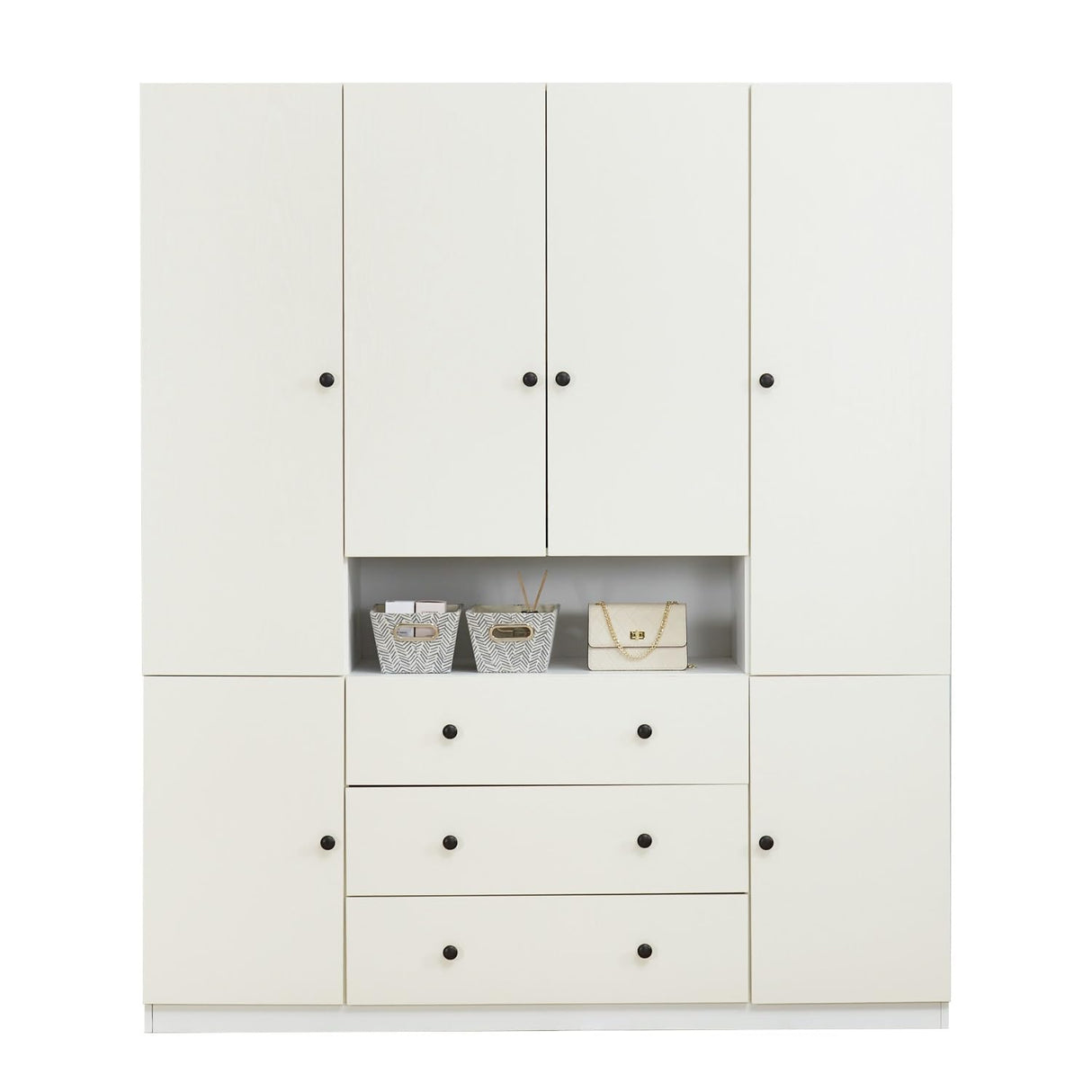 ModMakers 74" Tall 4 Doors 3 Drawers White Wood Wardrobe Closet Armoire Closets for Bedroom Freestanding Bathroom Wardrobe Cabinet with Hanging Rod Shleves Wooden Clothes Storage Organizer ModMakers