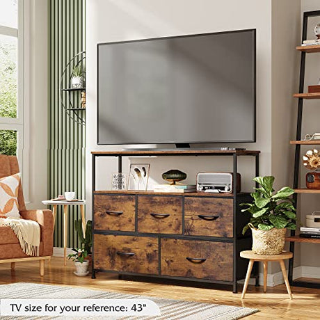 WLIVE TV Stand Dresser for Bedroom with 5 Fabric Drawers, Entertainment Center with Open Shelf and Power Outlet for 45 inch TV, Media Console Table with Storage for Closet, Living Room, Rustic Brown WLIVE