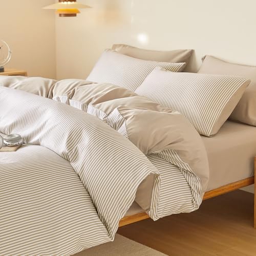 Wake In Cloud - Striped Comforter Set, Ticking Stripe Vertical Pinstripe Neutral Farmhouse Pattern Printed, Soft Lightweight Bedding, 3 Pieces, Light Brown White, Twin/Twin XL Size Wake In Cloud