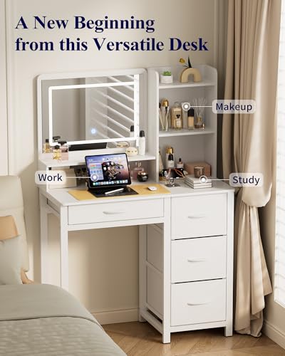 Kitsure Vanity Desk with Mirror and Lights - Large Capacity Makeup Vanity with 4 Fabric Storage Drawers & 3 Lighting Modes, Vanity Table Set with Sturdy Metal Frame for Bedroom, White, 35" x 17" x 52" Kitsure