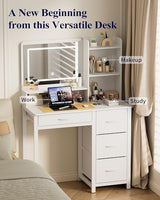 Kitsure Vanity Desk with Mirror and Lights - Large Capacity Makeup Vanity with 4 Fabric Storage Drawers & 3 Lighting Modes, Vanity Table Set with Sturdy Metal Frame for Bedroom, White, 35" x 17" x 52" Kitsure