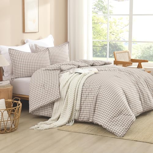 Andency Tan Gingham Comforter Set Twin(66x90Inch), Brown Checkered Grid Plaid Buffalo Bed Set for Girls Boys Kids Teens, 2 Pieces Lightweight Microfiber Geometric Preppy Bedding Andency
