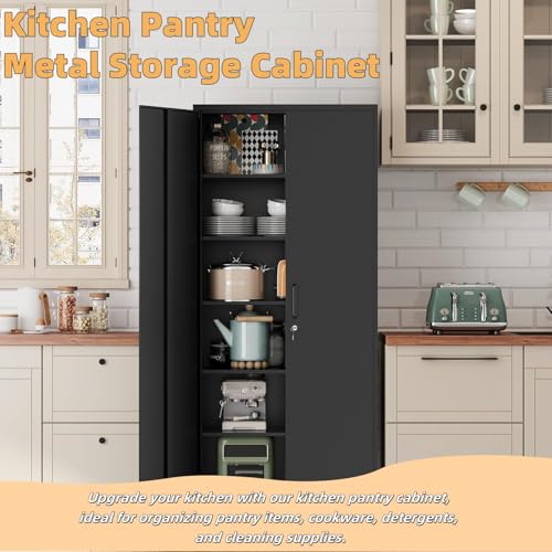 GUIZEEOPO Garage Storage Cabinet with Doors and Shelves, Metal Storage Cabinet with 5 Adjustable Shelves, Kitchen Pantry Cabinet, File Cabinets for Home Office, Filing Cabinet, 71'H, Matte Black GUIZEEOPO