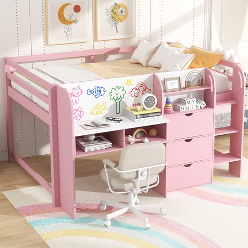 SOFTSEA Full Size Low Loft Bed with Desk & Storage, Solid Wood Pink Loft Bed with Drop-Down Cabinets, Open Shelves & Whiteboard for Kids Juniors Boys Girls, Pink SOFTSEA