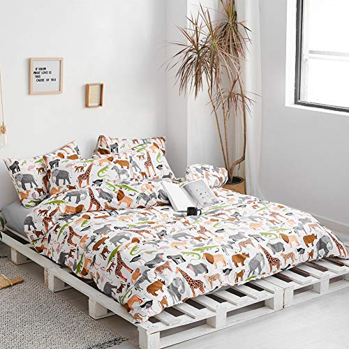 BlueBlue Safari Kids Duvet Cover Set Twin, 100% Cotton Bedding for Boys Girls Teens Single Bed, Animal Lion Elephant Rhino Giraffe Zebra Pattern on White, 1 Comforter Cover 2 Pillowcase (Twin, Zoo) BlueBlue
