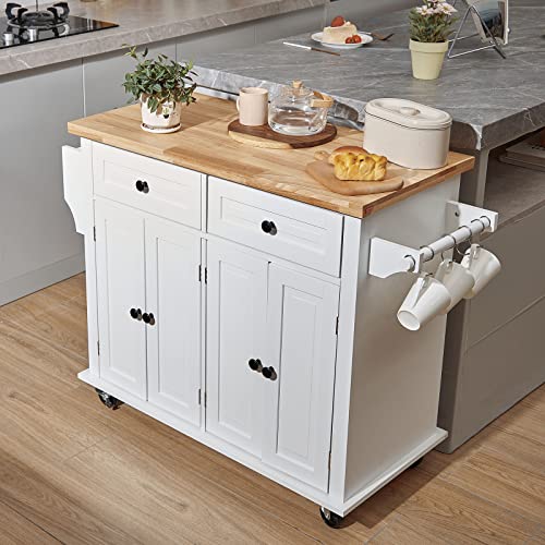 VEVOR Kitchen Island Cart with Solid Wood Top, 35.4" Width Mobile Carts with Storage Cabinet, Rolling Kitchen Table with Spice Rack, Towel Rack, and Drawer, Portable Islands on Wheels, White - WoodArtSupply