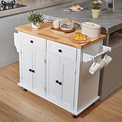 VEVOR Kitchen Island Cart with Solid Wood Top, 35.4" Width Mobile Carts with Storage Cabinet, Rolling Kitchen Table with Spice Rack, Towel Rack, and Drawer, Portable Islands on Wheels, White - WoodArtSupply