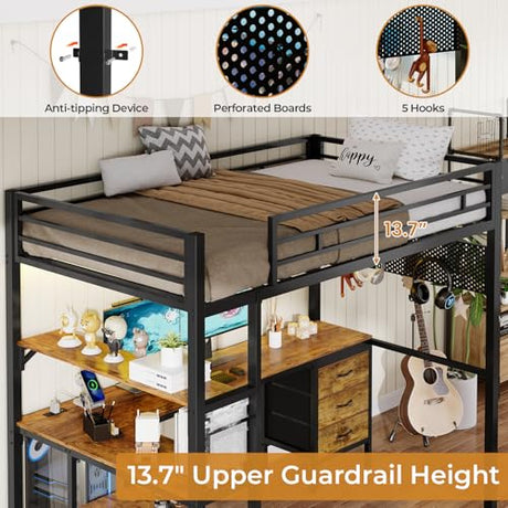 BTHFST Loft Bed Twin Size with L-Shape Desk & RGB LED Lights & Charging Station, Twin Bunk Bed with Fabric Drawers & Shlves, 13.4'' H Safety Guardrail, Noise Free, No Box Spring Needed BTHFST