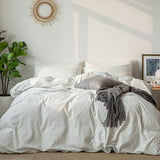 MooMee Striped Duvet Cover Set 100% Washed Cotton Linen Like Textured Breathable Durable Soft Comfy (White Dark Grey Wide Stripes, Queen 90"x90") MooMee