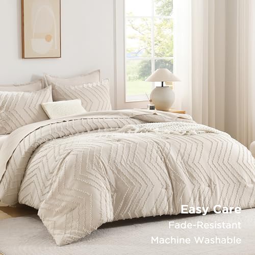 Andency King Size Comforter Set Beige, Boho Cream Soft Warm Tufted Neutral Bedding Comforter Sets for King Size Bed, 3 Pieces Aesthetic Chevron Farmhouse Cute Bohemian Textured Bedding Set Andency