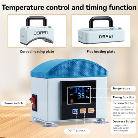 D9A91 2 in 1 Heat Press Machine, Hat Press Machine.for Caps, T-Shirt & More, Curved Heating Plate and Silicone Base,Heat Up Fast and Even,No Crease,LCD Digital Temperature &Timer Control-Light Blue D9A91