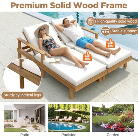 Acacia Wood Outdoor Double Chaise Lounge with 5-Position Adjustable Backrest and Armrest, All Weather Patio Recliner Chair Set of 2 with Cushions and Round Legs for Poolside Garden (Teak-4.3) XD Designs