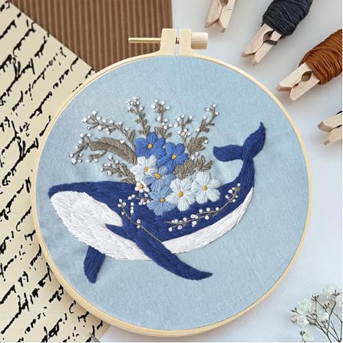 Huacan Embroidery Kit for Beginners Adults Includes Stamped Bee and Dolphin Pattern, Hoop, Color Threads,Tools,Easy to Follow Instruction