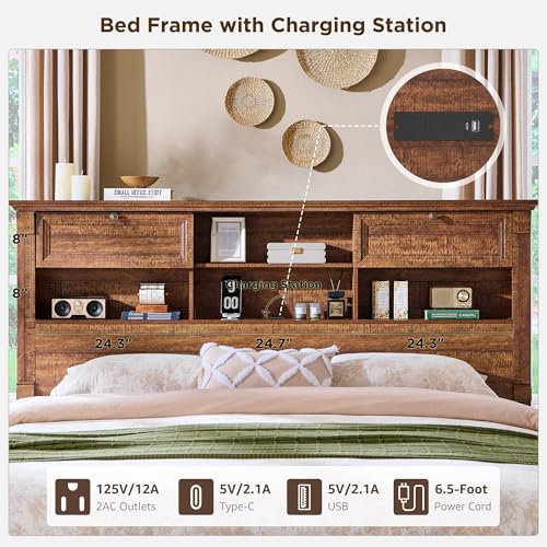 Farmhouse King Size Bed Frame with 54" Tall Headboard, Headboard with 4 Storage Rack, 2 Drawers, Wood Platform Bed Frame,18" Roman Column Decoration Footboard, No Box Spring Needed(Reclaimed Barnwood) T4TREAM