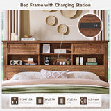 Farmhouse King Size Bed Frame with 54" Tall Headboard, Headboard with 4 Storage Rack, 2 Drawers, Wood Platform Bed Frame,18" Roman Column Decoration Footboard, No Box Spring Needed(Reclaimed Barnwood) T4TREAM