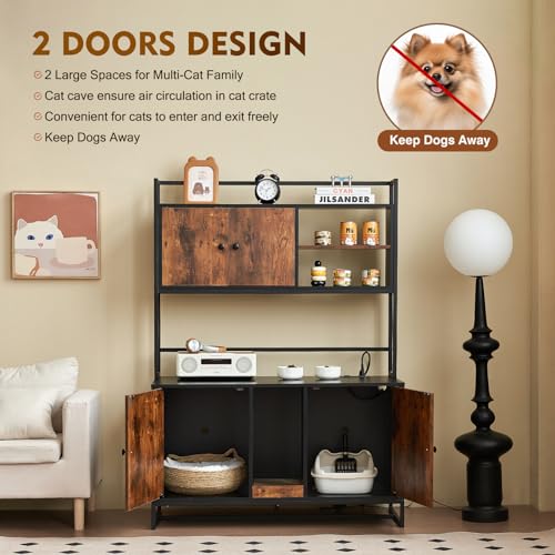 JanflyHome Cat Litter Box Enclosure with Power Outlet, 60'' Large Double Hidden Cat Litter Box Furniture with Shelf, Indoor Cat House Furniture with Cat Scratching Pad for 2 Cats, Vintage Brown… JanflyHome