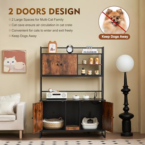 JanflyHome Cat Litter Box Enclosure with Power Outlet, 60'' Large Double Hidden Cat Litter Box Furniture with Shelf, Indoor Cat House Furniture with Cat Scratching Pad for 2 Cats, Vintage Bro - WoodArtSupply