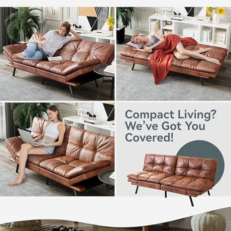 AMICLIBER Futon Sofa Bed Convertible Couch, Brown Faux Leather Sofa Bed with Memory Foam, Adjustable Backrest & Armrests, Multifunctional Small Loveseat Sleeper Sofa for Living Room, Apartment, Office AMICLIBER
