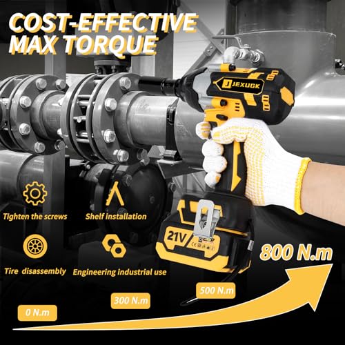 JEXUGK 800N.m Cordless Impact Wrench, 600Ft-lbs 1/2 inch Electric Impact Gun, High Torque Brushless Impact Wrench w/ 2x 4.0Ah Battery, Fast Charger & 5 Sockets for Car Lawn Mower - WoodArtSupply