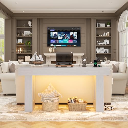 Unikito 63'' Farmhouse Console Table with Power Outlets and Sensor Light, Wooden Entryway Table with Storage, Rectangular Sofa Tables Behind The Couch for Entrance, Hallway, Living Room, Antique White Unikito