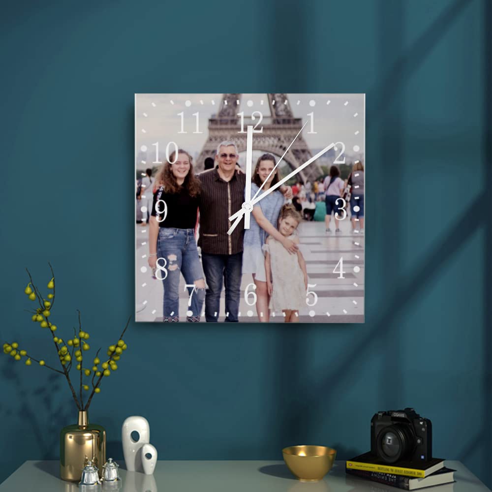 Custom Wooden Wall Clock with Photo Image Pictures, Personalized Square Wood Clock for Wall 10x10 Inch, Farmhouse Home Decorations for Bedroom Living Room Non-Ticking Wall Clock Add Family Name WoodArtSupply