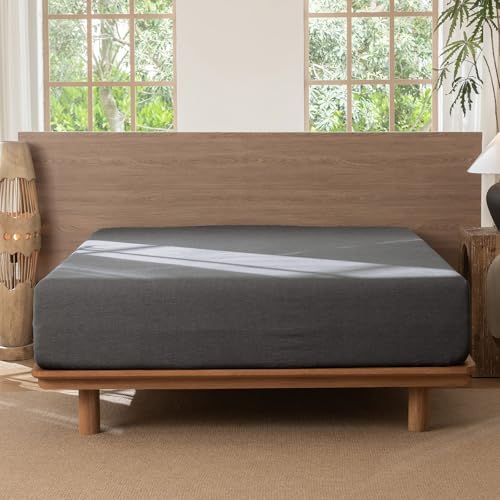 MooMee Fitted Bottom Sheet Only 100% Washed Cotton Linen Like Textured Breathable Durable Soft Comfy Deep Pocket Fits Mattress up to 17" (Dark Grey, Twin) MooMee