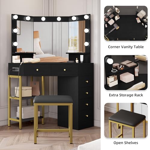 DWVO Makeup Vanity Desk w/Hollywood Bulbs Mirror & Power Outlet, 43" L Shaped Black Vanity Set 3 Color Lighting Mode Adjustable Brightness＆ 6 Drawers, Shelves, Corner Vanity Table w/Bench for Girl